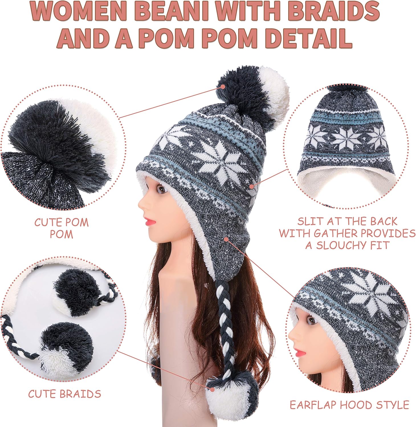 Winter Hats for Women Knit Beanie Soft Warm Fleece Lined Long Ear Straps Snow Ski Cap with Pompom - Image 2